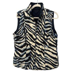 Dress Barn Zebra Print Reversible Vest Size Large Full Zip Quilted Blue Cream
